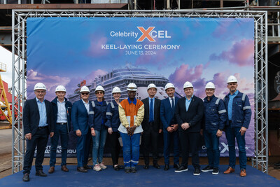 Royal Caribbean Group and Chantiers de l'Atlantique teams celebrate the Celebrity Xcel keel laying. (L to R) Jean-Yves Jaouen, Chantiers de l'Atlantique Operations Senior Vice President; Eric Perennou, Chantiers de l'Atlantique Senior Project Manager; Harri Kulovaara, Royal Caribbean Group Executive Vice President Maritime and Newbuilding;  Beatrice Siri, Royal Caribbean Group Associate Vice President Newbuilding; Laura Hodges Bethge, Celebrity Cruises President; Vasilé Sofronia, Chantiers de l'Atlantique welder; Laurent Castaing, Chantiers de l'Atlantique General Manager; Arnaud Le Joncour, Chantiers de l'Atlantique Senior Vice President of Sales and Marketing; Jason Liberty, Royal Caribbean Group President and CEO; Keith Lane, Celebrity Cruises Senior Vice President Hotel Operations; Robert Flack Celebrity Cruises Associate Vice President Hotel Operations.